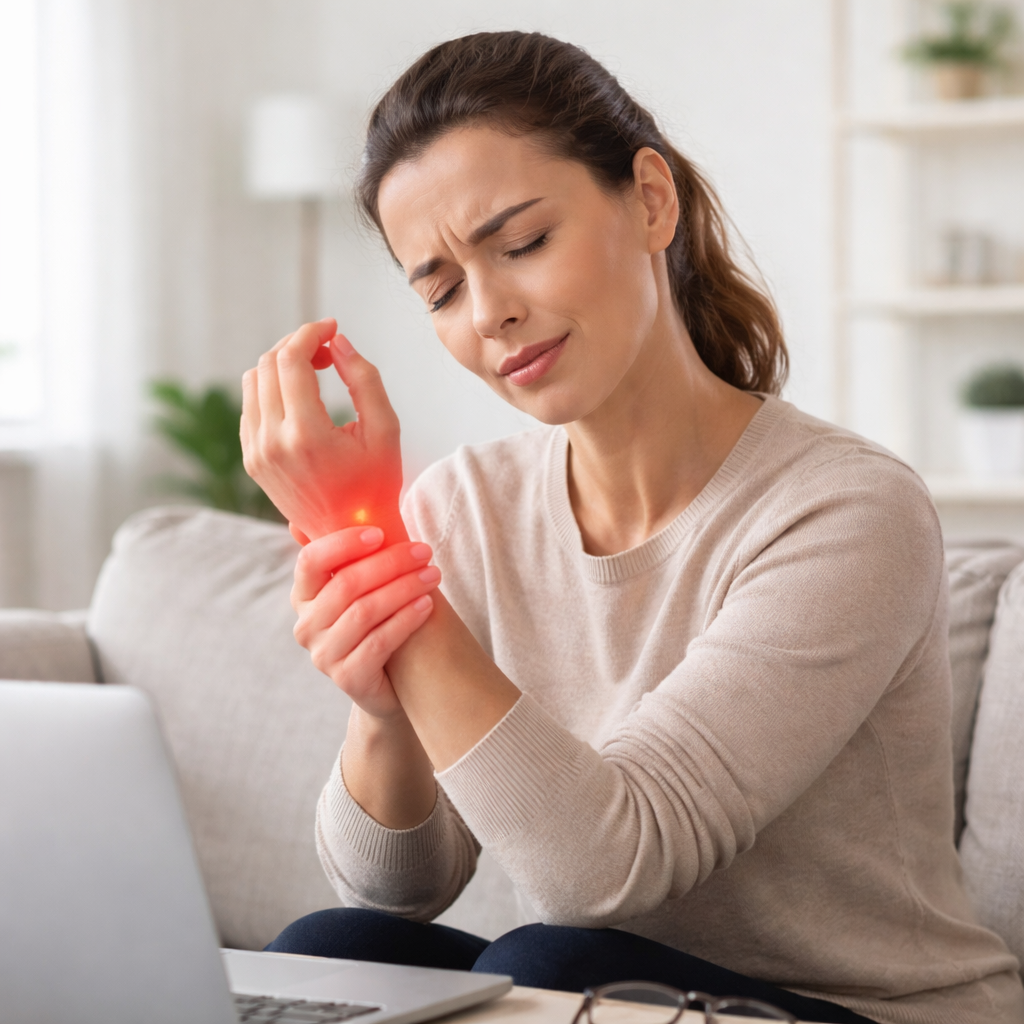 Woman holding her wrist in pain with a laptop on a table in front of her.