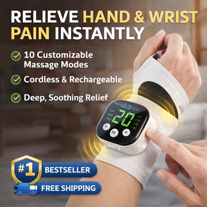 Handheld massage device for relieving hand and wrist pain with customizable settings and rechargeable feature.