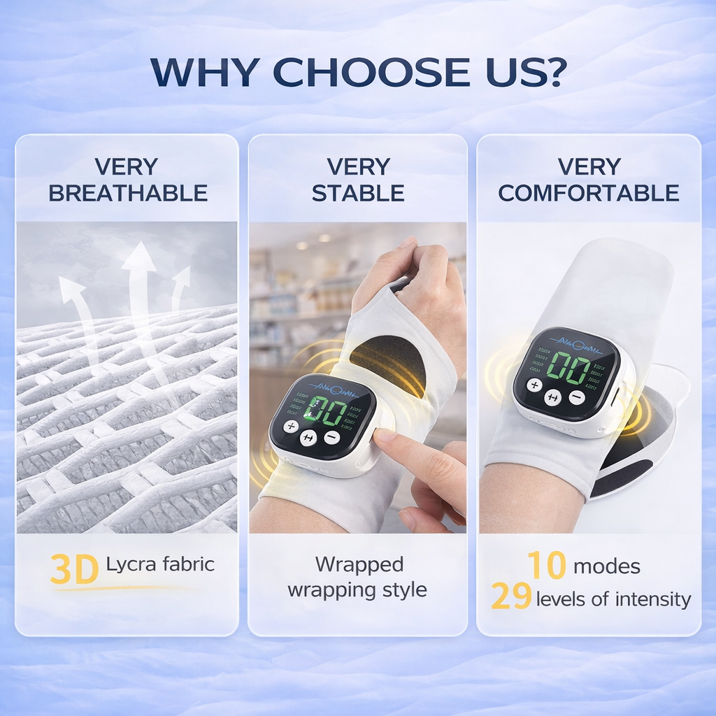 Product advertisement highlighting features like breathability, stability, and comfort with text 'Why Choose Us?' on a blue gradient background.