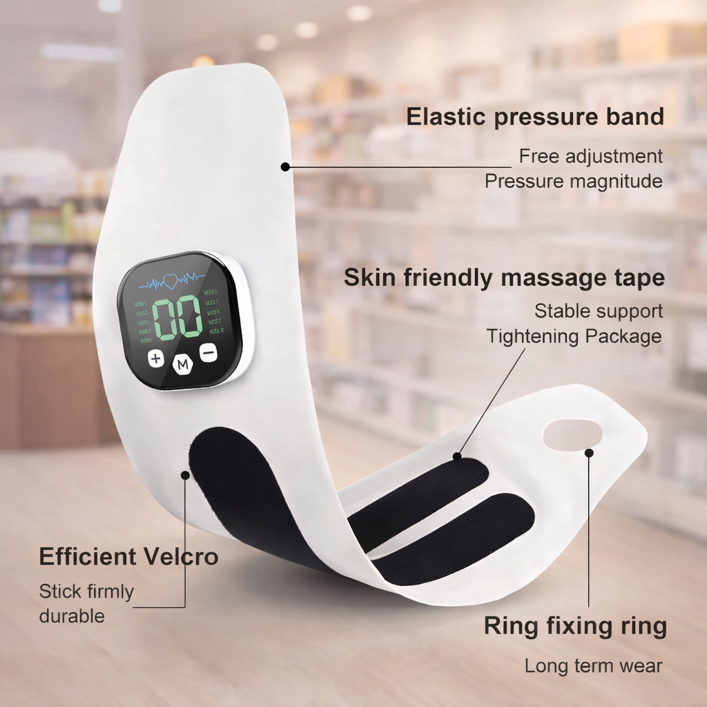 White elastic pressure band with digital display on a blurred background