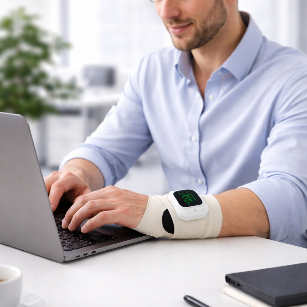Man using a laptop with a wrist device on his arm in a modern office setting